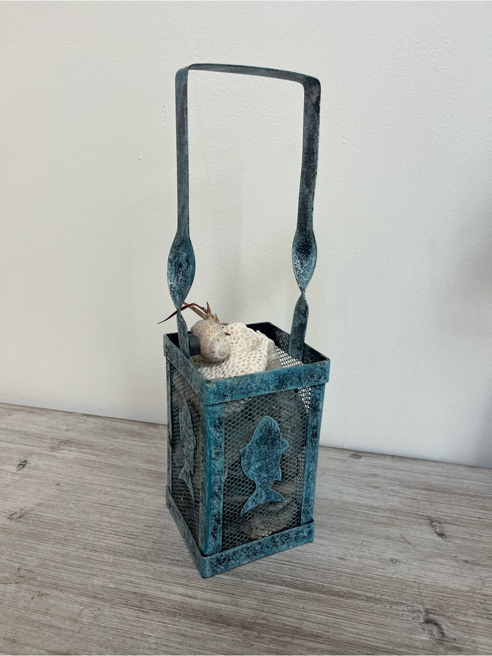 Turquoise Patina Metal Lantern with Fish Motif